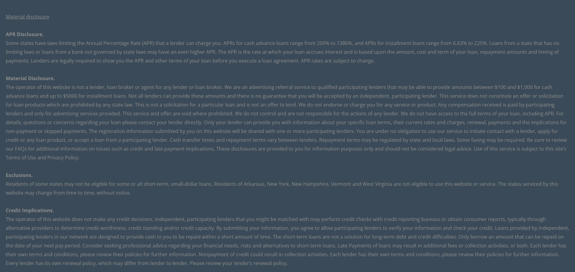 Material disclosure for payday loans in San Jose California